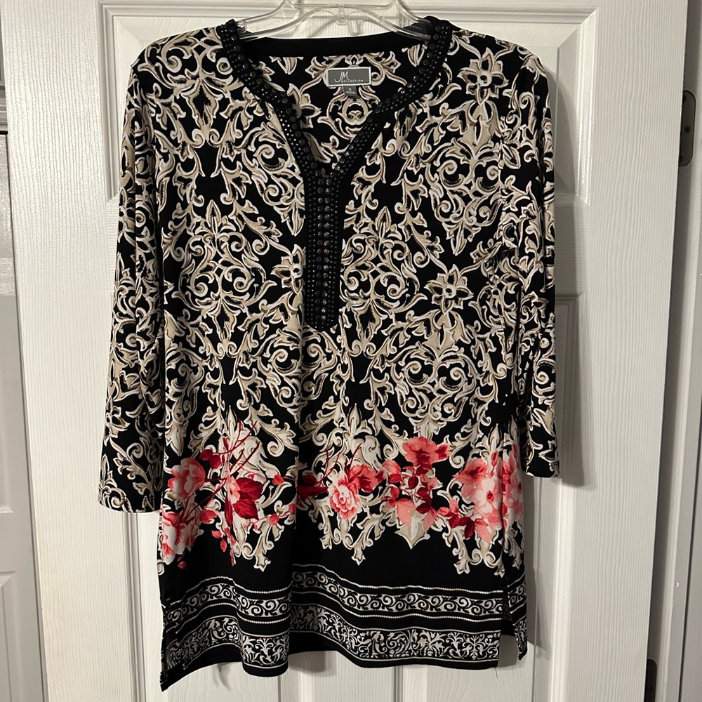 JM Collection Medallion/Floral Studded Blouse